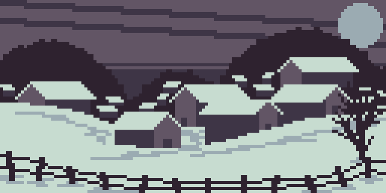 Рисование - Средневековая деревня зимней ночью